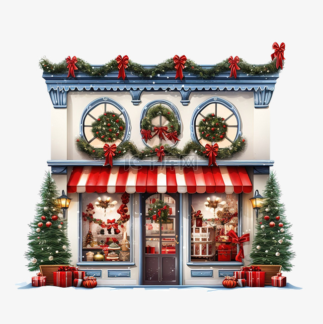 用树木装饰圣诞节的节日商店