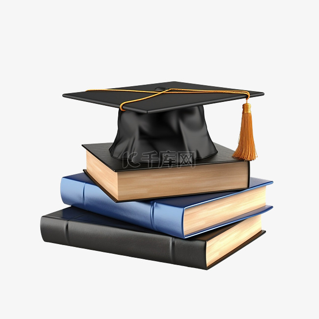 一堆书毕业帽子在顶部 3d