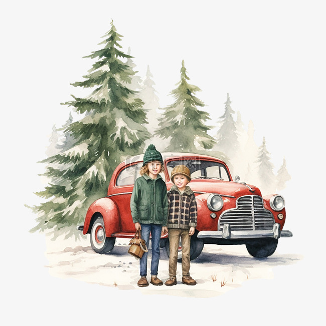 树林里的汽车旁站着圣诞树的兄弟
