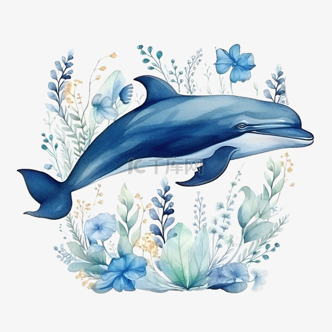 水彩作品与蓝鲸和花朵水下动物艺