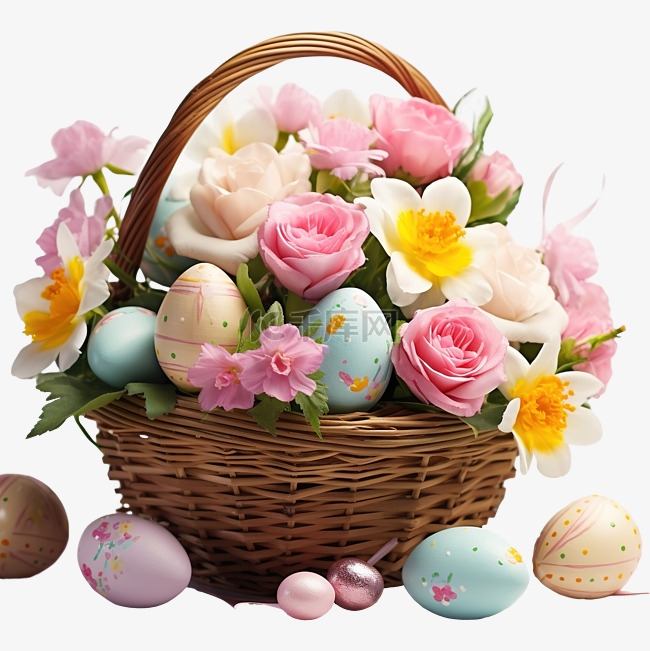装有复活节彩蛋和鲜花的篮子