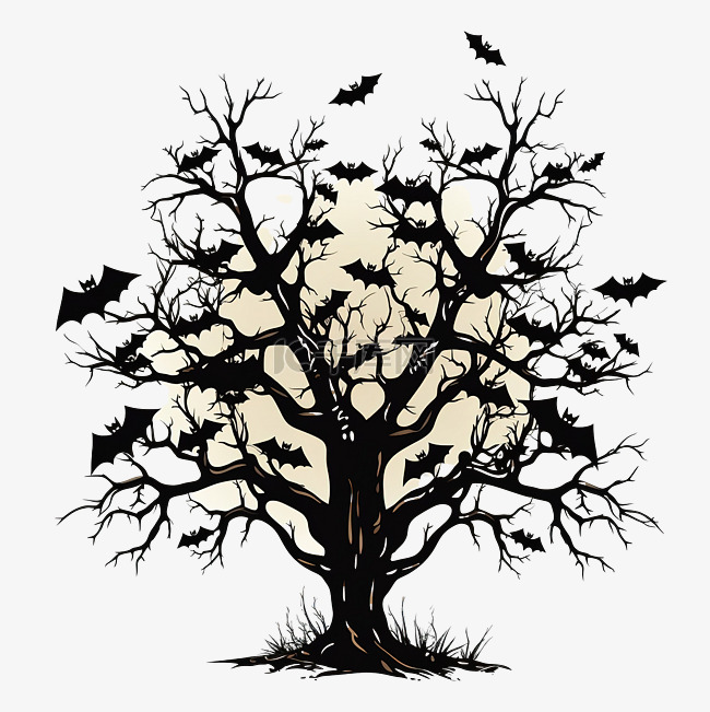 万圣节树与蝙蝠在夜间设计