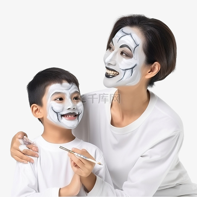 亚洲母亲和孩子的儿子化妆万圣节