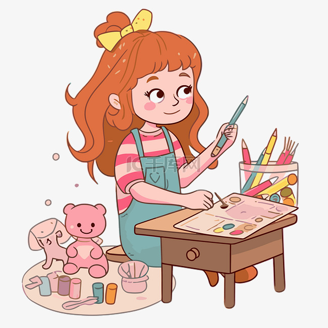 工匠剪贴画女孩用卡通泰迪熊和油