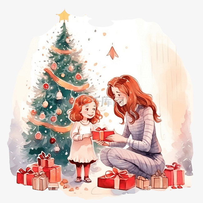一个女孩和她的母亲在圣诞树附近
