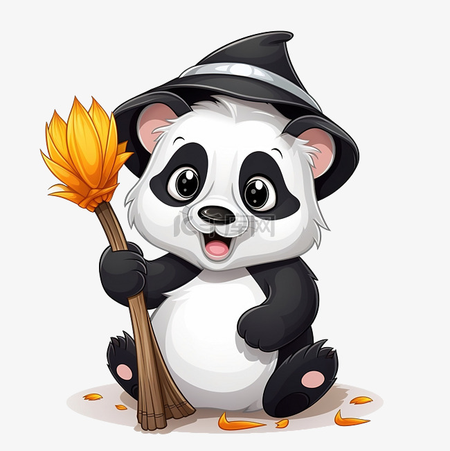 拿着扫帚的熊猫的万圣节插图