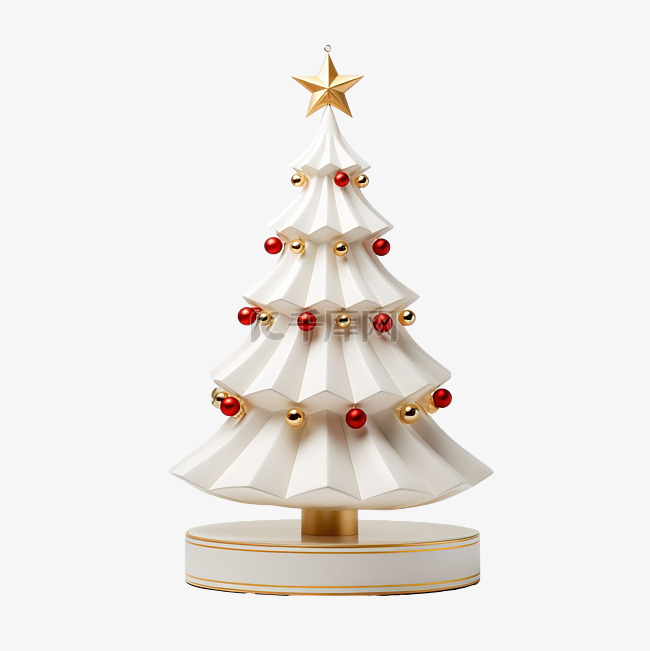 白色圣诞树，有金环和红星，站在