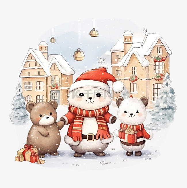 与圣诞老人和可爱的动物在雪镇庆