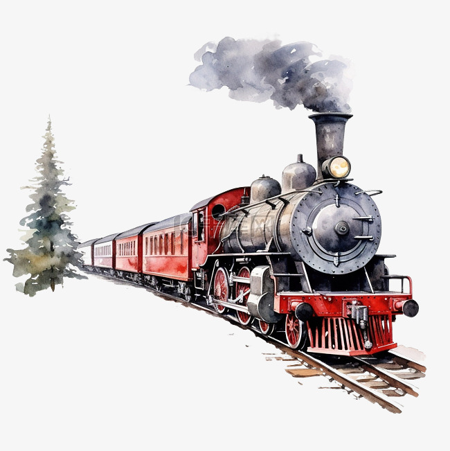 铁路上蒸汽机车冬季风景的水彩插