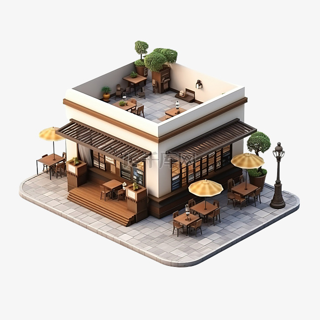 3D 渲染等距咖啡店完美的场景