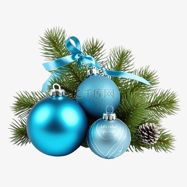 带有蓝色球和纸杉树的圣诞组合物
