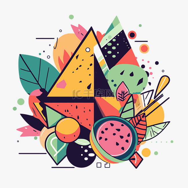 几何剪贴画彩色西瓜和叶子与彩色