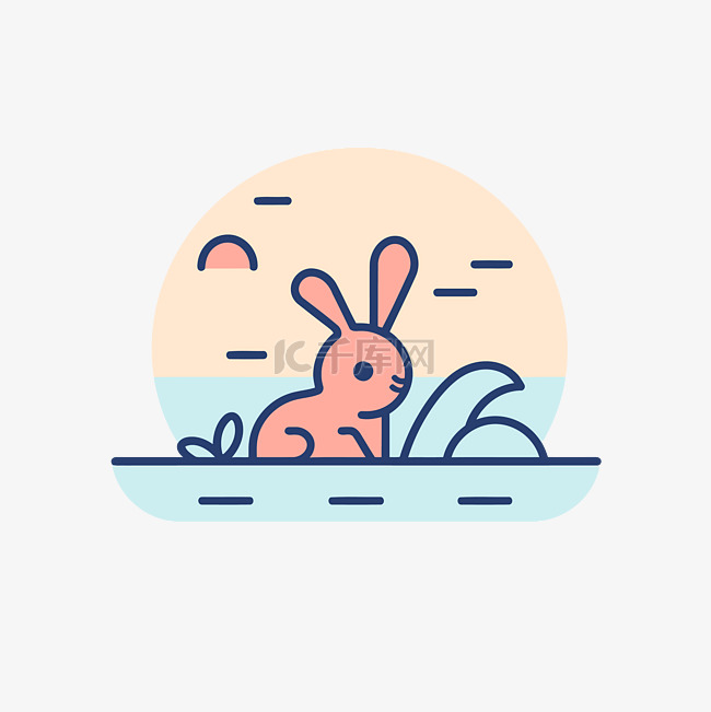 湖中可爱的兔子，以平面风格的线