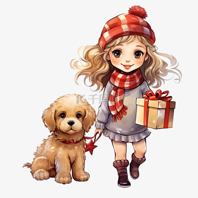 一个可爱的女孩带着礼物和一只狗