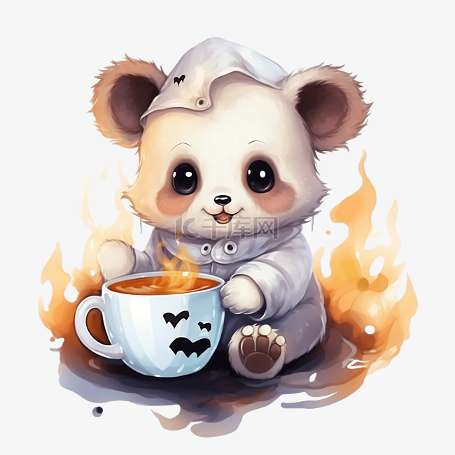 可爱的小熊鬼和一杯咖啡
