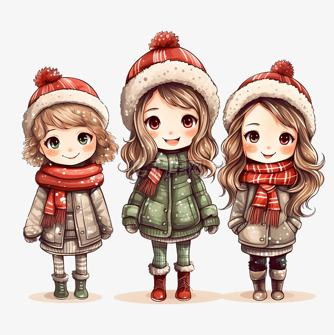 手绘美丽可爱的冬季小女孩套装