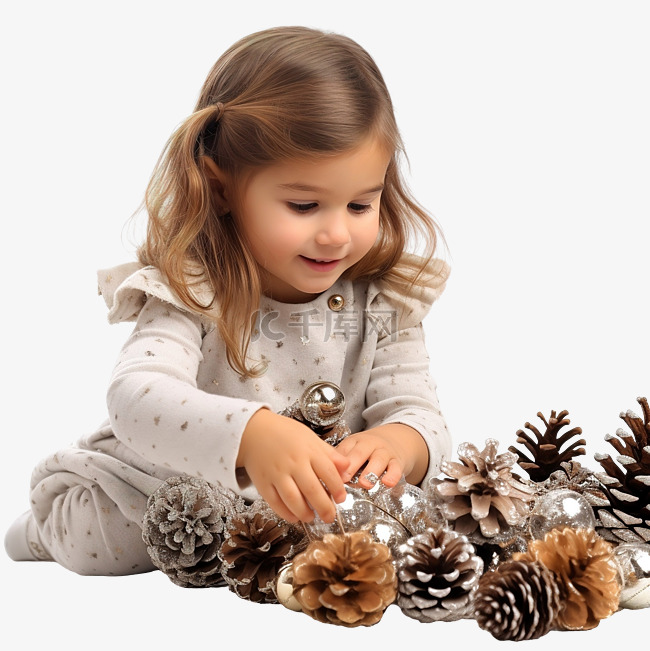 小女孩在圣诞树上玩松果装饰品