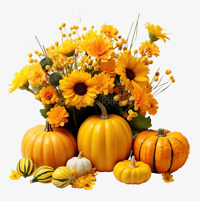 秋季静物与南瓜和黄色花朵概念感