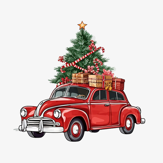 红色复古车载着一棵圣诞树，车顶