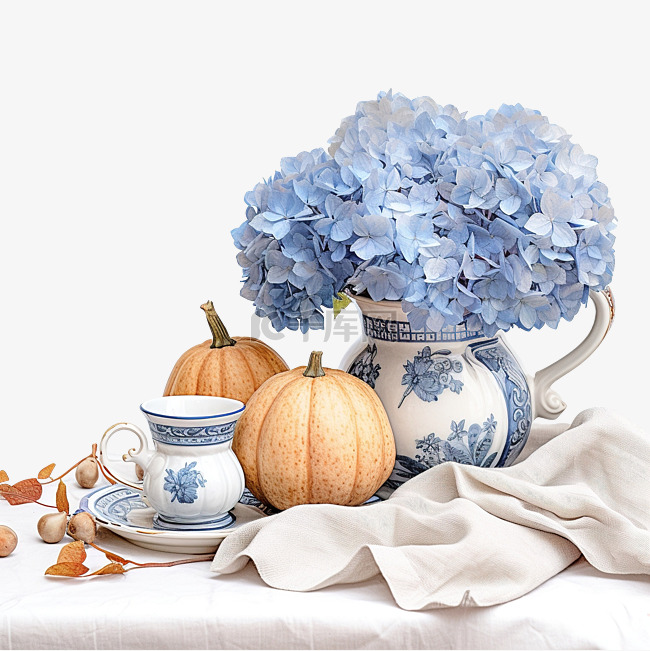 秋季套装，蓝色绣球花和南瓜