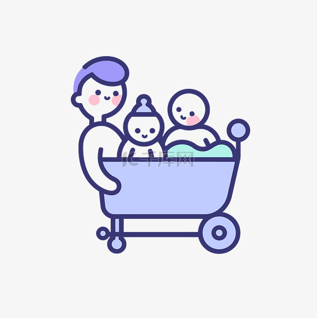 父亲和他的孩子在蓝色购物车图标