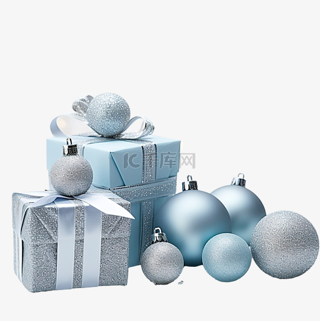 经典蓝色球和灰色礼品盒的圣诞组