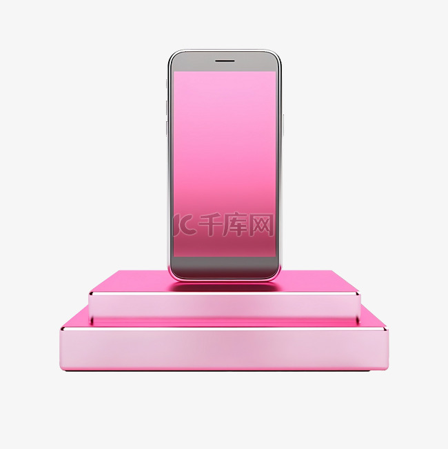 3d 粉色智能手机，银色舞台讲
