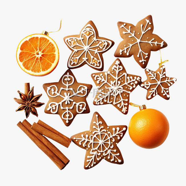 木桌上有橙片和圣诞装饰的姜饼饼