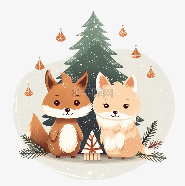 圣诞贺卡与兔子和狐狸装饰的圣诞