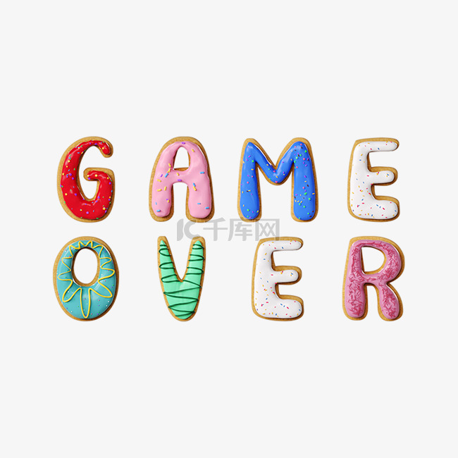 游戏结束3d立体字体彩色饼干