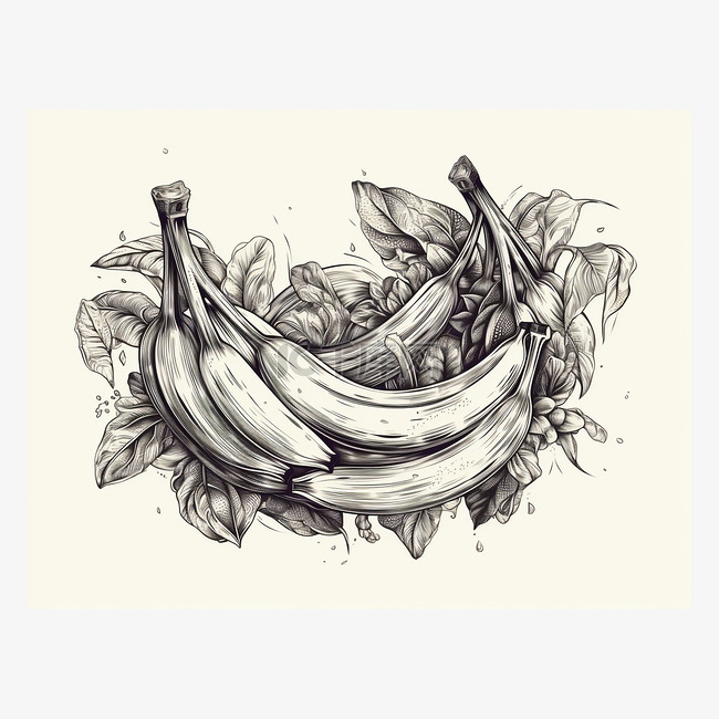纹身风格手绘插图中带叶子的香蕉