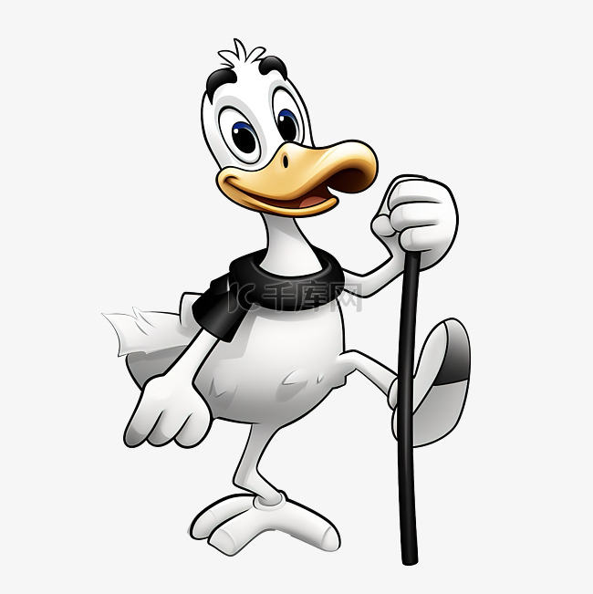 黑白鸭子卡通人物，拄着拐杖，腿