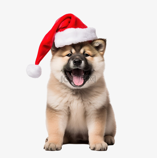 秋田小狗戴着亮片圣诞帽庆祝圣诞