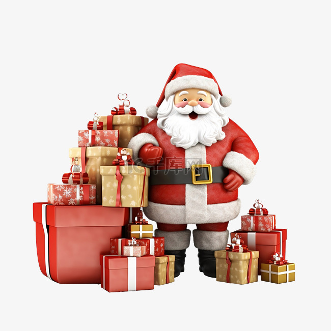 圣诞老人在装满礼物的雪橇前摆姿