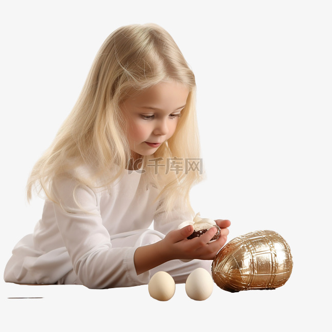 金发白种小女孩坐在木桌上，吃着