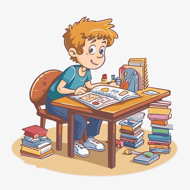 作业剪贴画卡通男孩正在一张摆满
