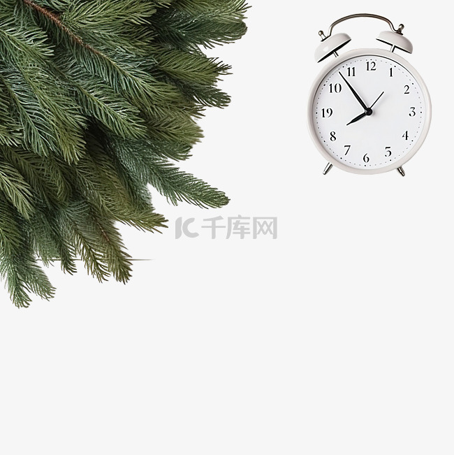 带时钟的木桌上的顶视图圣诞树枝