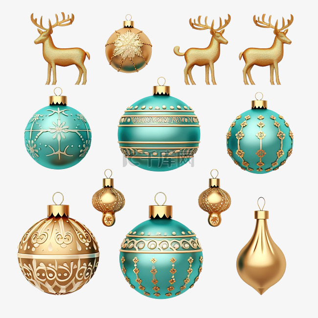 金色圣诞球和铃铛装饰品的集合，