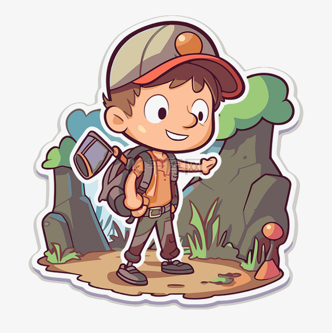 贴纸男孩背着背包在树林里徒步旅