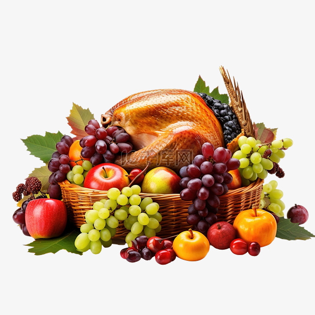 感恩节快乐，有火鸡食物和水果