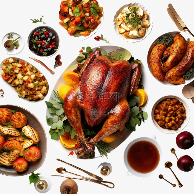 感恩节餐桌的顶视图，配有烤鸡和