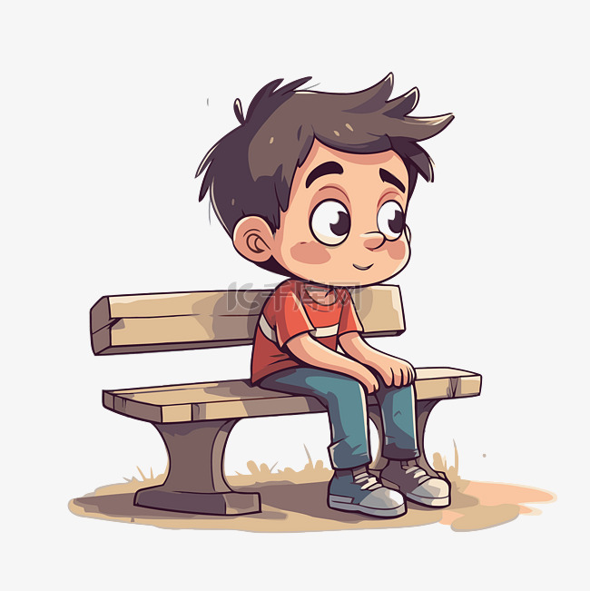 坐在长凳上的剪贴画卡通悲伤男孩