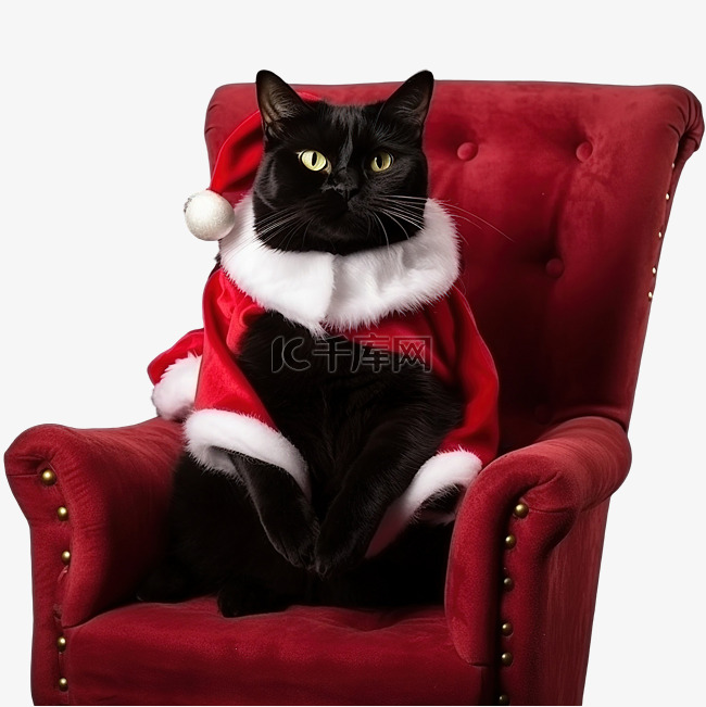圣诞树扶手椅上穿着圣诞老人服装