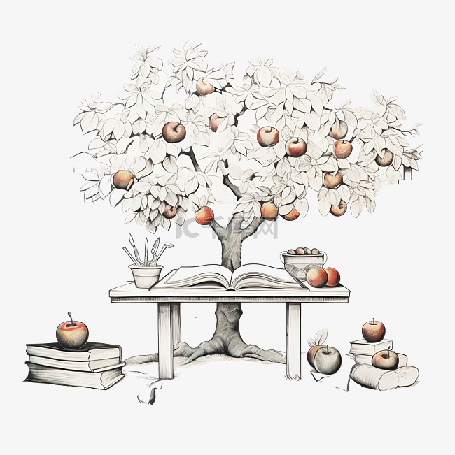 一张桌子上有一本书和一棵树上有