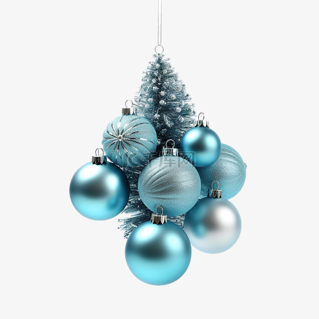 蓝色圣诞球挂在白色人造杉树上