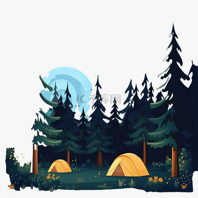 晚上在森林里露营，有星星和萤火