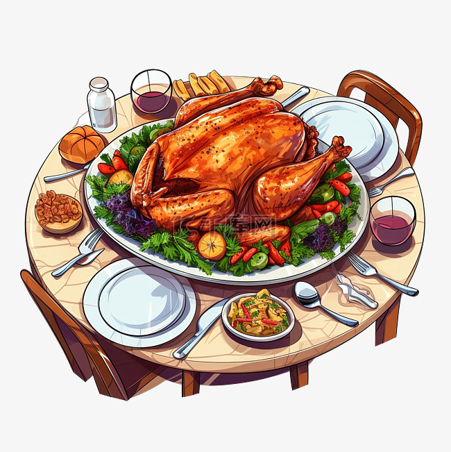卡通自上而下的感恩节餐桌上烤火