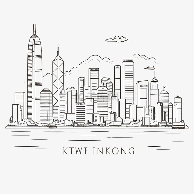 香港城市景观天际线轮廓涂鸦图
