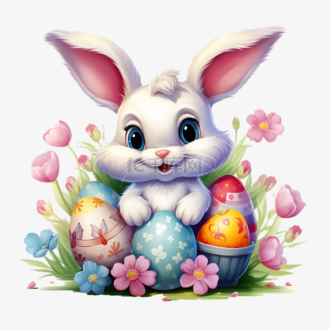 坐在鸡蛋上的兔子角色微笑着有趣