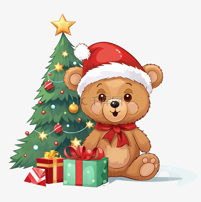 可爱的熊与圣诞树和礼物